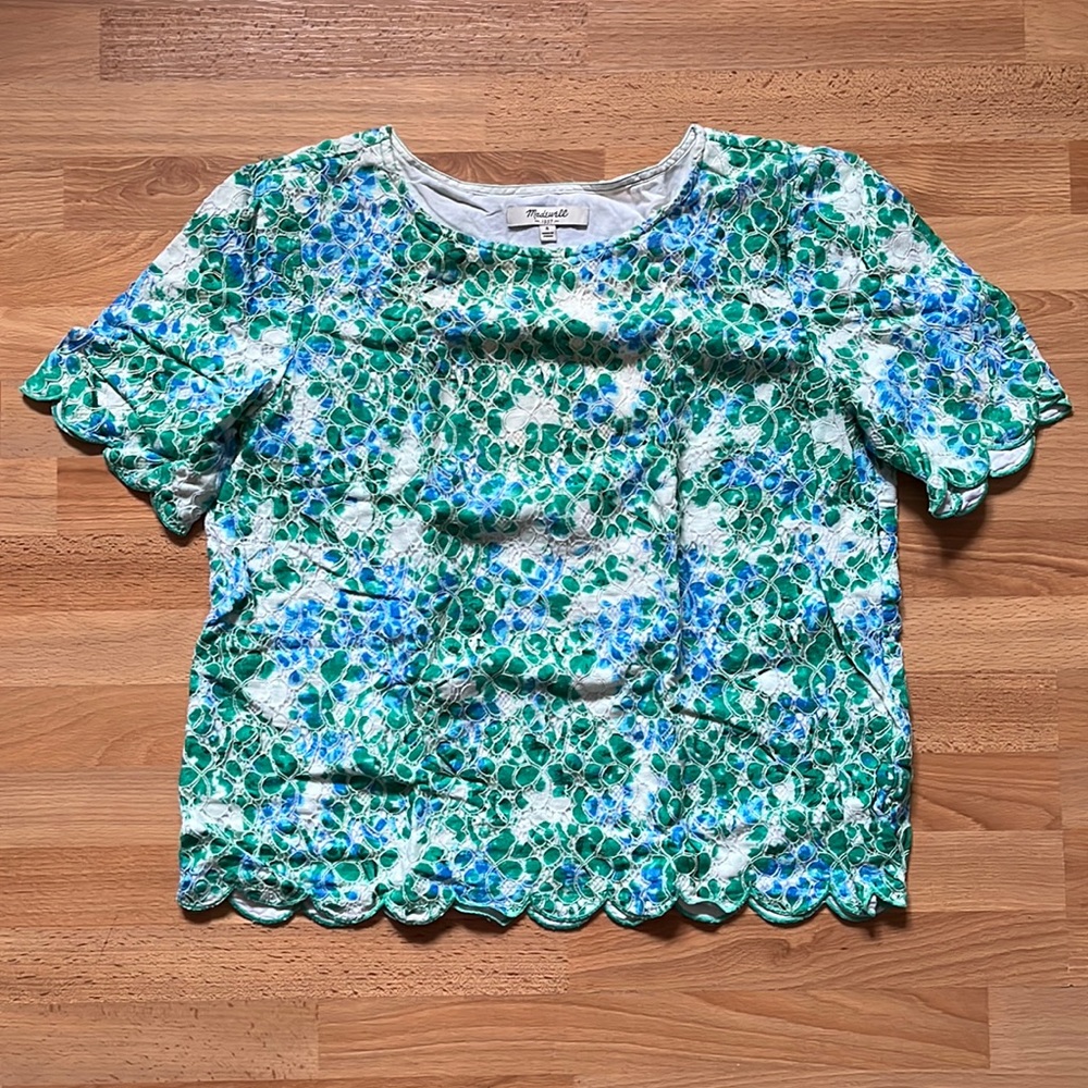 Madewell Lace Floral Blue Green Scallop Hem Top Shirt Size Small